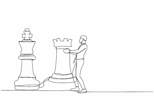 Single continuous line drawing businessman holding rook chess piece Concept of strategic planning