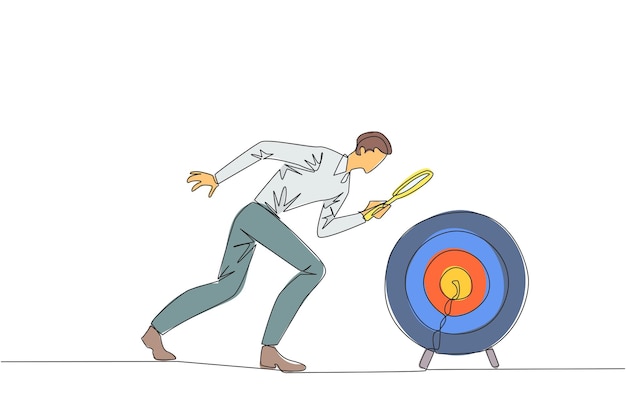 단일 연속 라인 드로잉 사업가 보기 유리를 들고 표적 화살표 보드를 강조합니다.