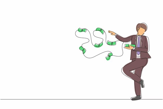 Vector single continuous line drawing businessman millionaire throws out a pile of money banknotes flying