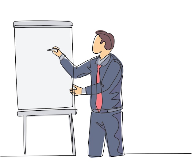 Single continuous line drawing of businessman pointing the infographic on screen board using marker