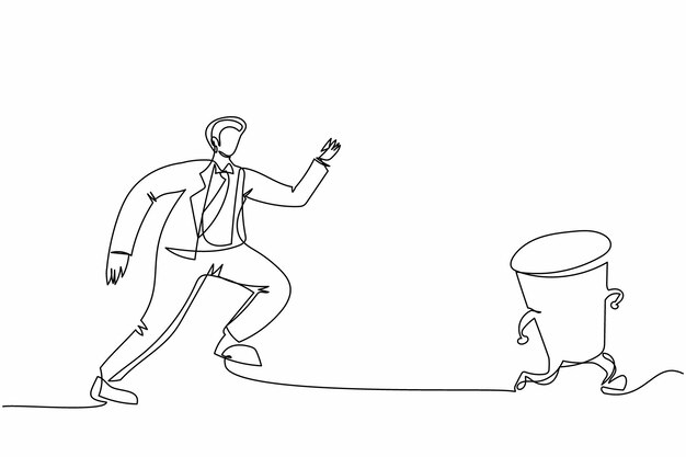 Single continuous line drawing businessman run chasing try to catch hourglass Concept of stress