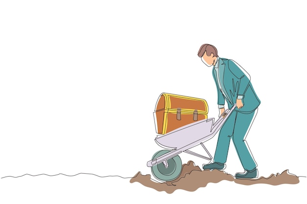 Vector single continuous line drawing businessman in a suit pushing cart with treasure chest design vector