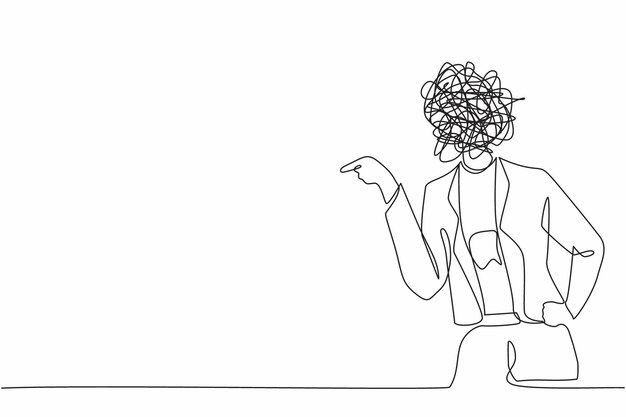 Single continuous line drawing businesswoman with round scribbles instead of head design vector