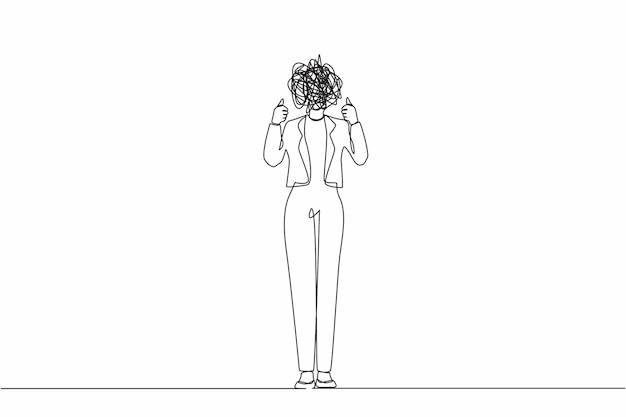 Вектор Единственная непрерывная линия рисует бизнесменку с круглыми надписями вместо головы большой палец вверх положительно