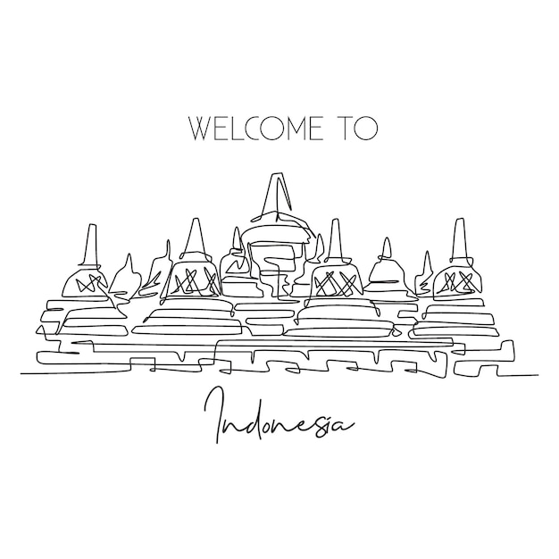 Single continuous line drawing Candi Borobudur Temple landmark. Beautiful famous place in Indonesia. World travel home wall decor poster print concept. Modern one line draw design vector illustration