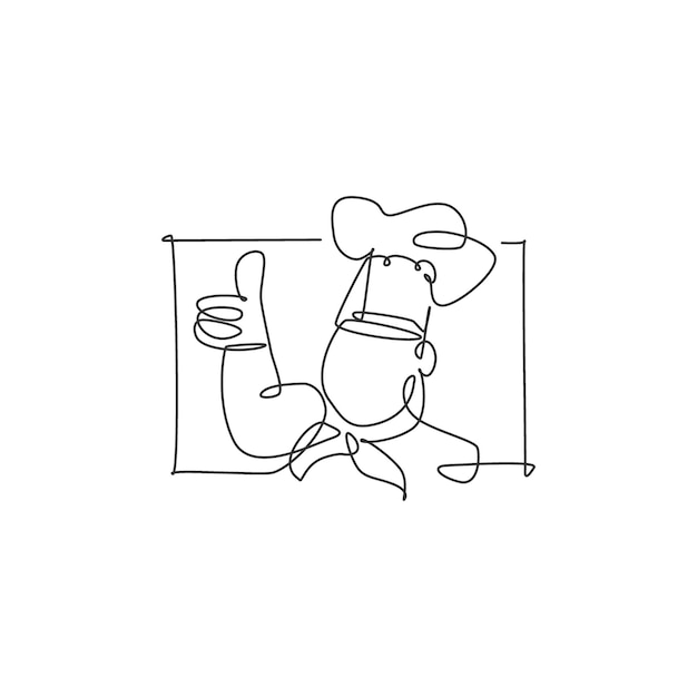 Single continuous line drawing of chef man character mascot with thumbs up finger gesture logo