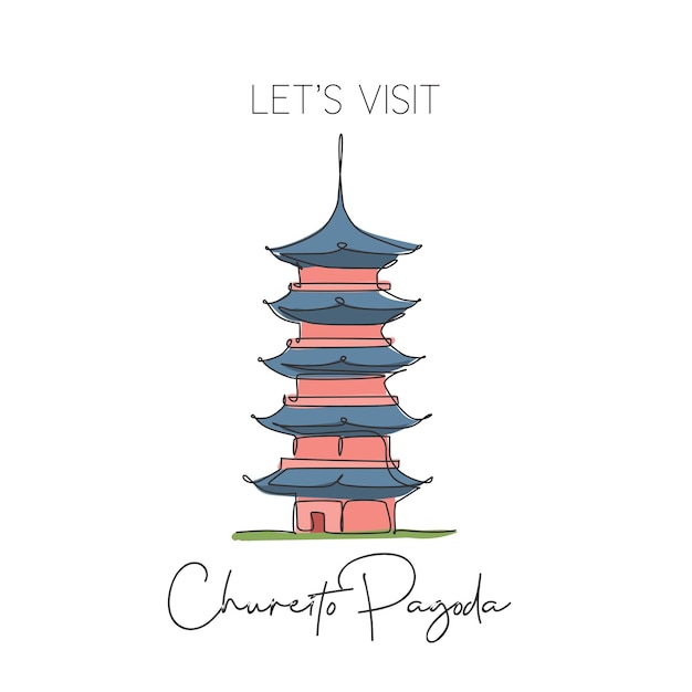 Single continuous line drawing Chureito Pagoda landmark. Beautiful famous place in Fujiyoshida, Japan. World travel tour wall decor poster art concept. Modern one line draw design vector illustration