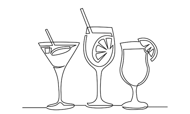 Single continuous line drawing of cocktailline art exotic cocktail drinks vector doodle