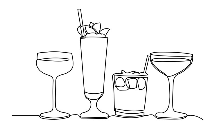 Single continuous line drawing of cocktailline art exotic cocktail drinks vector doodle