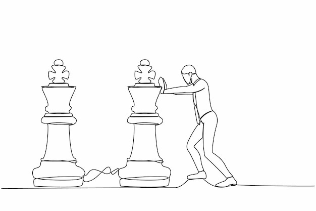 Single continuous line drawing competitive businessman push huge king chess piece beat another king