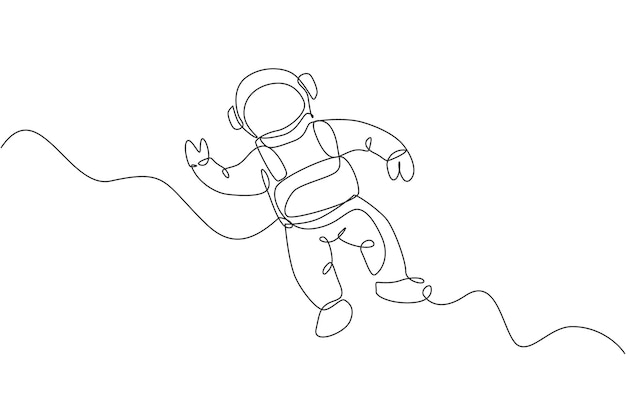 Single continuous line drawing cosmonaut scientist discovering spacewalk universe in vintage vector