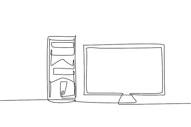 Single continuous line drawing of cpu computer and screen monitor Electronic business company tools