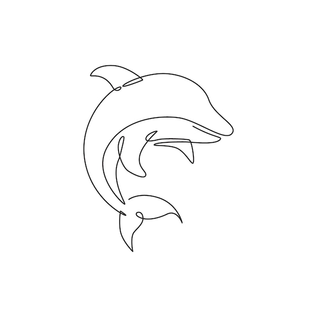 Single continuous line drawing of cute dolphin for underwater life aquarium logo Wild sea mammal