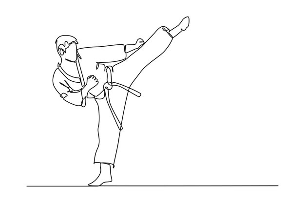 単一の連続線を描いて武術選手の日々のトレーニング活動屋外活動ミニマリストのコンセプトハッピー・ピープル・アウトドア・アクティビティ