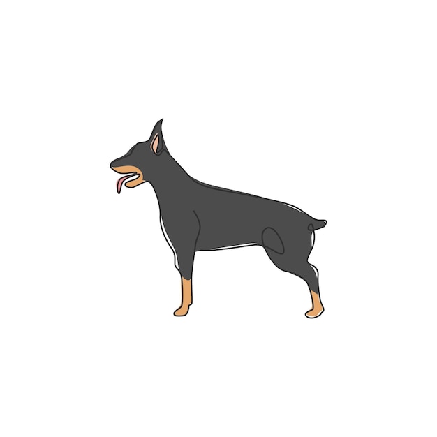 Single continuous line drawing of dashing doberman dog security logo Purebred dog mascot pet icon