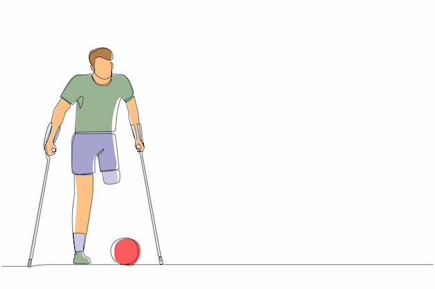Vettore disabili con stampelle che giocano a calcio nello stadio calcio per disabili