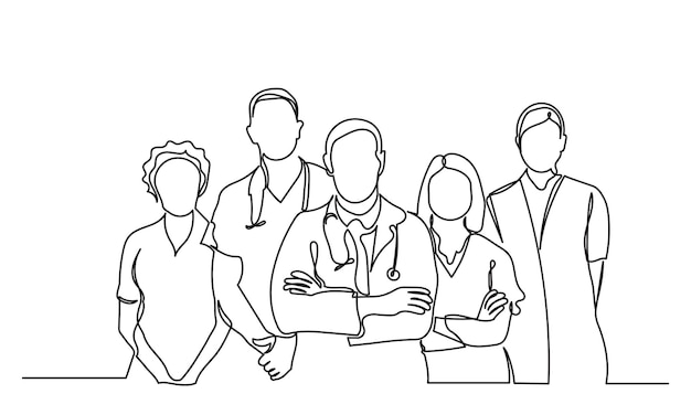 single continuous line drawing doctors team a group of young male and female doctors pose standing
