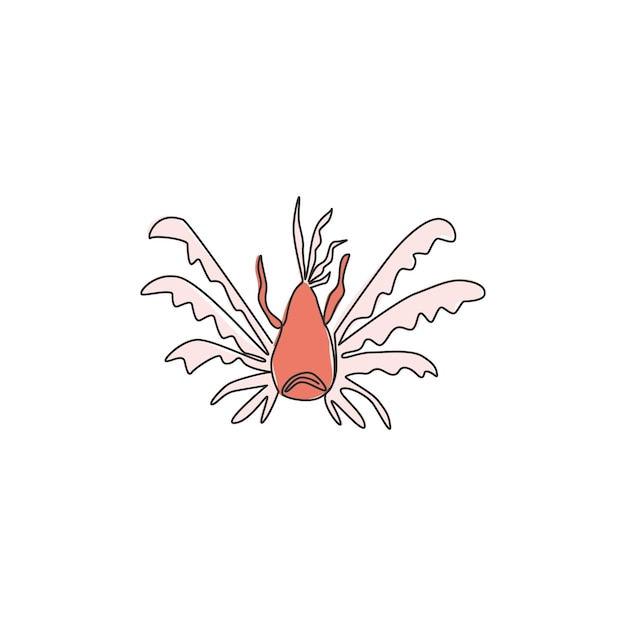 Single continuous line drawing of exotic stripped lionfish Undersea monster mascot for aquatic icon