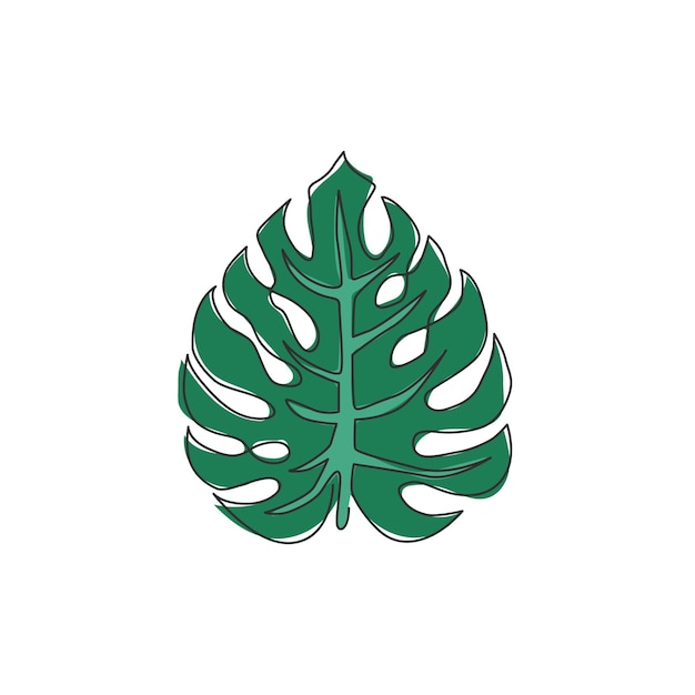 Однолинейный непрерывный рисунок экзотического тропического листного растения монстера