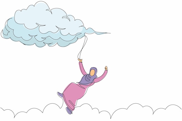 Single continuous line drawing failed Arab businesswoman falling from sky Office employee dismissal