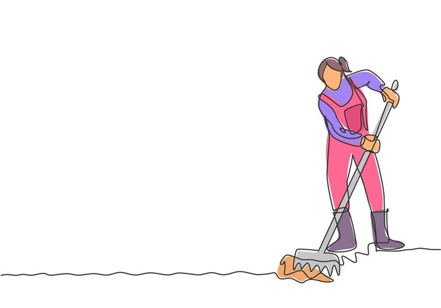 Single continuous line drawing female farmer leveling the ground using a rake Start a new planting