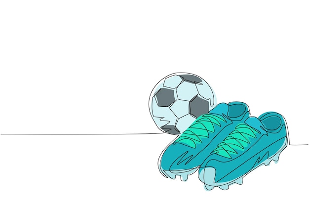 Vettore scarpe da calcio e palla da calcio a disegno a linea continua icona di calcio stivali da palla da football