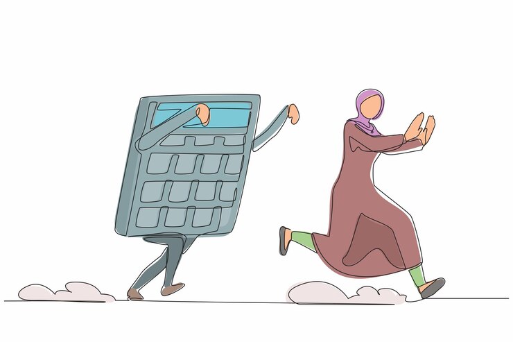 Vector single continuous line drawing fright arabian businesswoman being chased by the calculator design