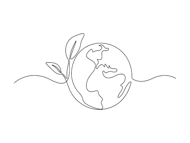 Single continuous line drawing of green leaf on globe vector illustration