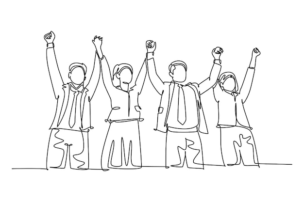 Single continuous line drawing of group of male manager and female manager hold hands each other to celebrate their success win tender Team work goal One line draw graphic design vector illustration
