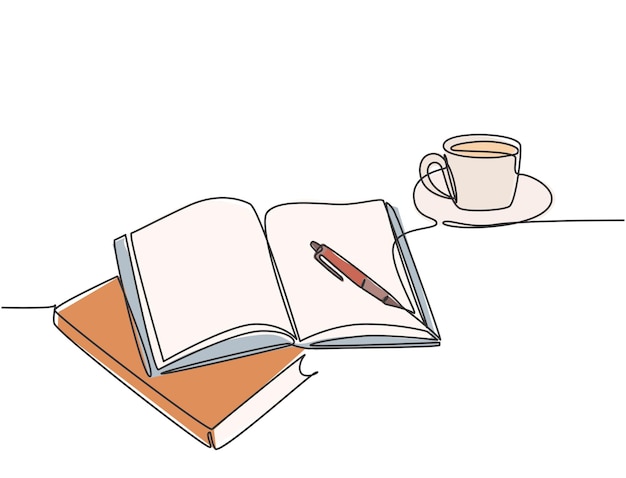Single continuous line drawing hand gesture writing on an open book beside a cup of coffee at work