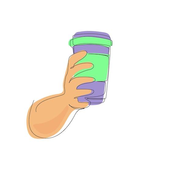 single continuous line drawing hand holding disposable paper cup of hot coffee or tea vector