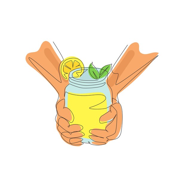 Single continuous line drawing hands hold detox lemonade drink with sliced lime mint vector