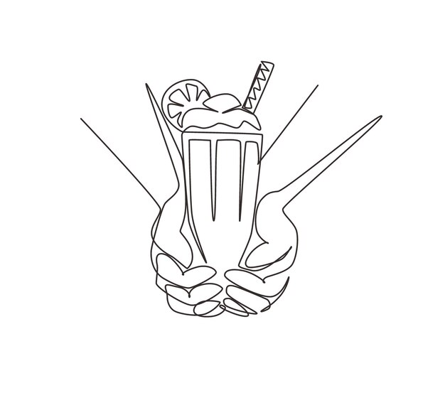 Vector single continuous line drawing hands hold glass of tasty milkshake drink with whipped cream vector