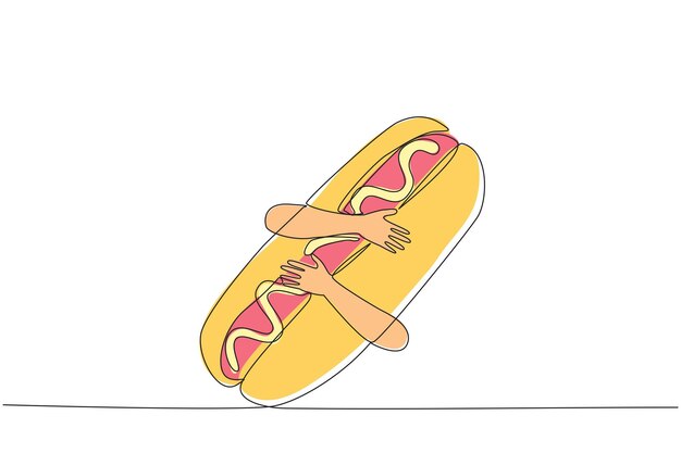 Vector single continuous line drawing of hands hugging hot dog cooked long sausages are served with buns