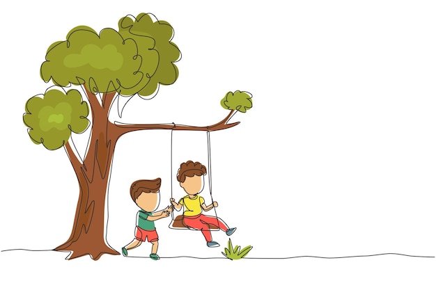Single continuous line drawing happy two boys playing on tree swing Cheerful kids on swinging under a tree Children playing at playground Dynamic one line draw graphic design vector illustration
