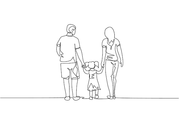 Vector single continuous line drawing of happy young father and mother lead their daughter walking together