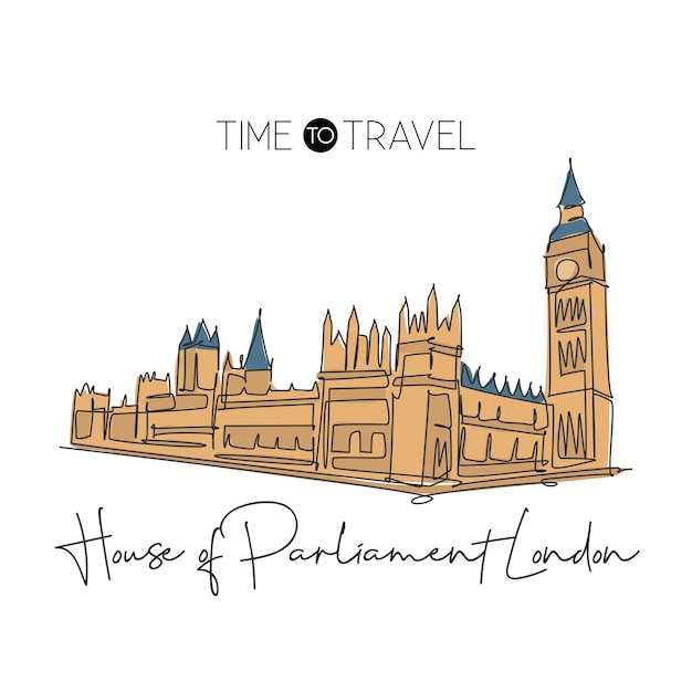 Дом с одной непрерывной линией рисования парламент лондонская достопримечательность известное место в англии настенное искусство