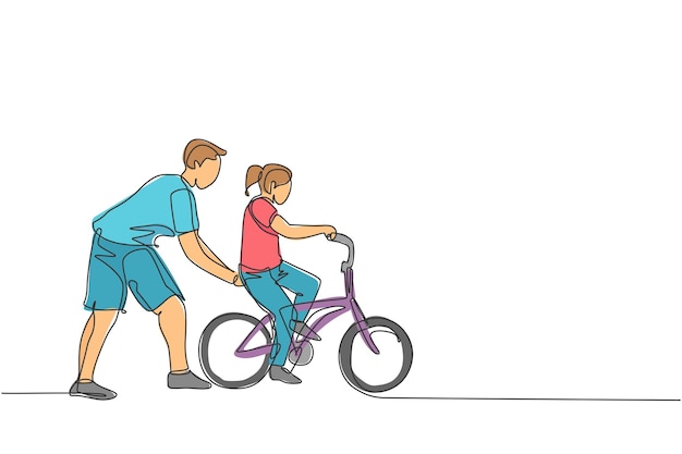 Single continuous line drawing of kids girl learning ride bicycle with father Family time concept