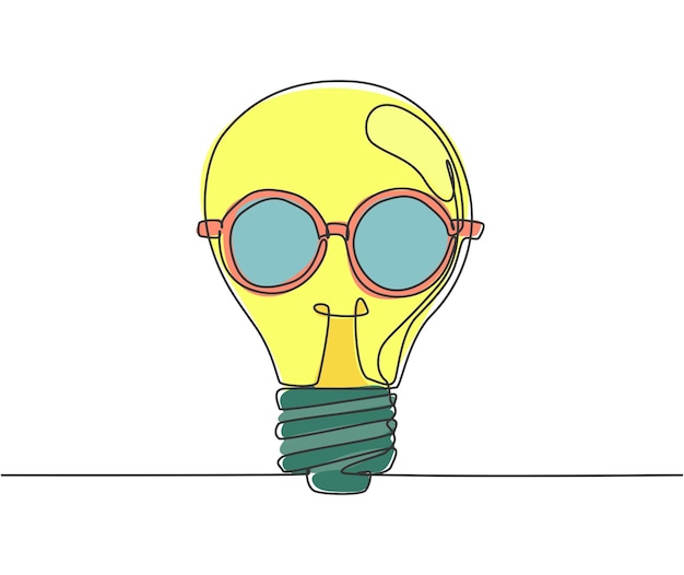 Vector single continuous line drawing of light bulb with round old glasses label smart bright company icon