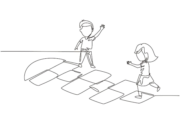 Single continuous line drawing little girl and boy playing hopscotch at kindergarten yard happy kids hopping at playground hop scotch court drawn with chalk one line draw graphic design vector