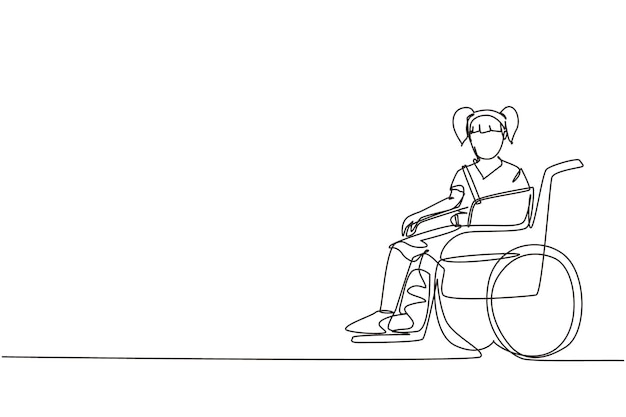 Vector single continuous line drawing little girl with a leg in plaster injured kid sitting in wheelchair