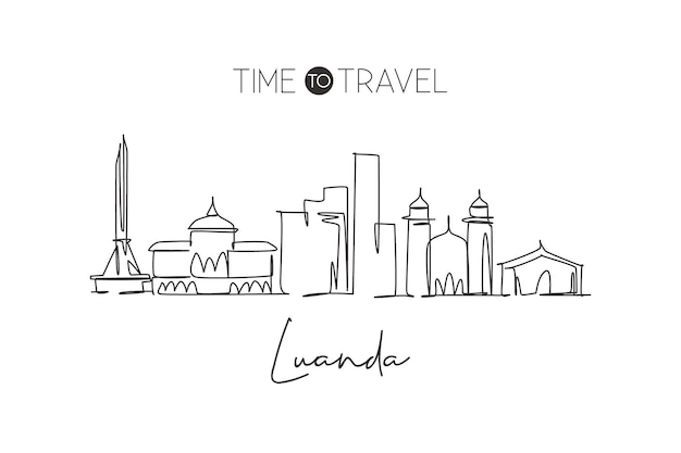 Single continuous line drawing of Luanda skyline Angola Famous scraper and landscape design vector