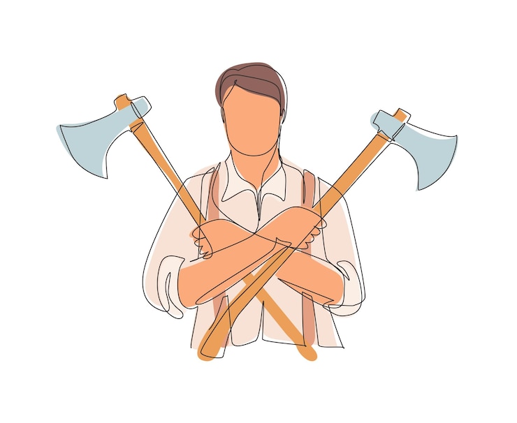 Vector single continuous line drawing lumberjack holding two axes crossed firefighter axe vector