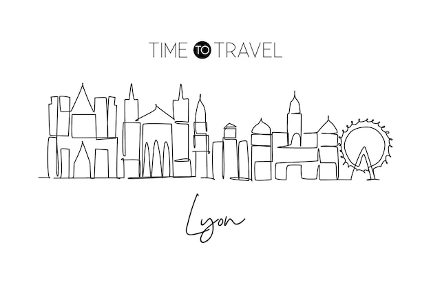 Single continuous line drawing of Lyon city skyline France Famous city skyscraper landscape vector