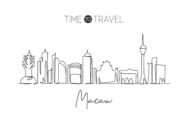 Single continuous line drawing of Macau skyline China Famous scraper and landscape design vector