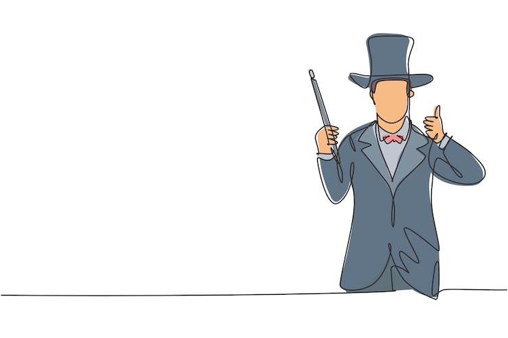 Vector single continuous line drawing magician wearing a hat and a magic stick design vector illustration