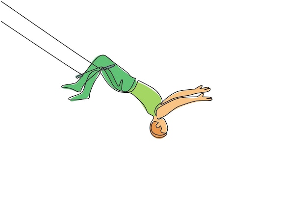 Vector single continuous line drawing a male acrobat on the trapeze with his legs hanging and head down