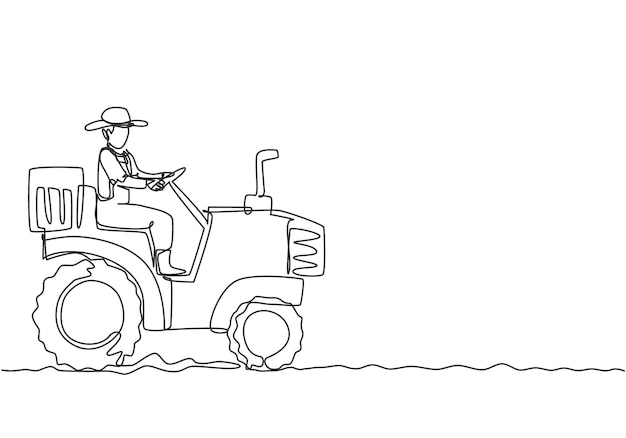 single continuous line drawing male farmer drive a tractor to plow the fields start a new planting