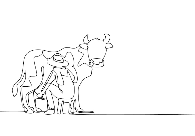 Vector single continuous line drawing male farmer milking cow with traditional way harvest activity vector