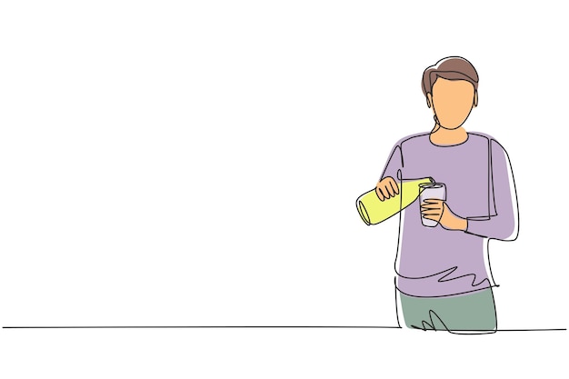 single continuous line drawing male pouring orange juice into glass from a bottle while breakfast